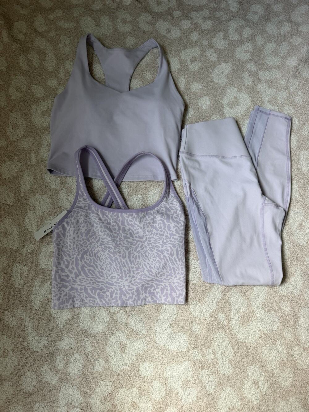 Fabletics Lavender/Leopard Print 3 Piece set with 2 Sports Bras&legging, Size S